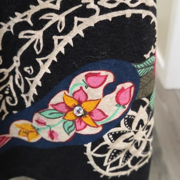 Desigual Black 100% Cotton Beaded Dress | V-Neck Embroidered Floral Art Mini - Picture 6 of 10